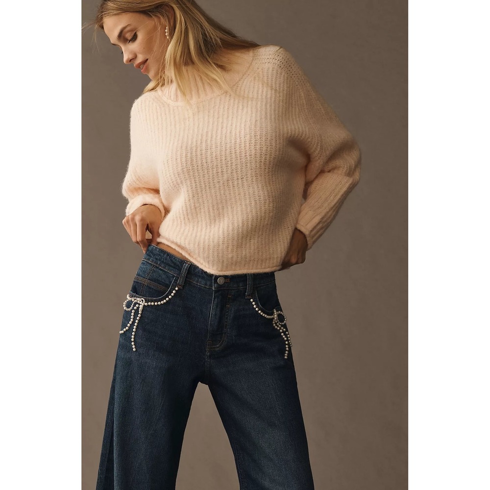 Pilcro Anthropologie Pearl Bow Embellished Wide Leg Low Rise Jeans Dark Wash 29 - Picture 3 of 9